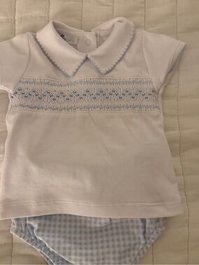 Classic Smocked Baby Tee & Gingham Bloomers Set in White and Light Blue